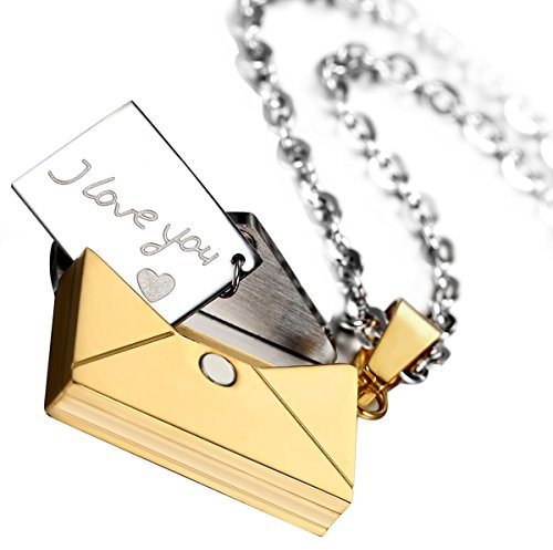 Flongo I Love You Edelstahl Anhänger Halskette Silber Gold Golden öffenbares Liebesbrief Herren,Damen mit 55cm Kette