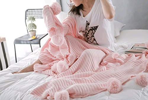 Icegrey Plaid avec Pompons Fabriqué à La Main Tricot Couvre-lit TV CouRoseure pour Canapé Lit Chambres Peluche CouRoseure Tricotée Rose 90 x 90 CM