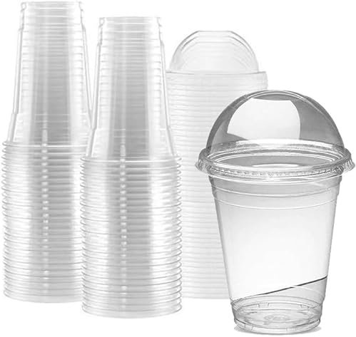 Strong Plastic Smoothie Cups With Dome Lids - 200 Pack 10oz (296ml) Milkshake Disposable Cups for Iced Tea, Coffee, Cold Drinks - Reusable Clear