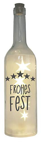 WB wohn trends LED-Flasche mit Motiv, Frohes Fest Sterne, grau, 29cm, Flaschen-Licht Glitzer-Flasche Leuchtflasche Lampe mit Text Spruch