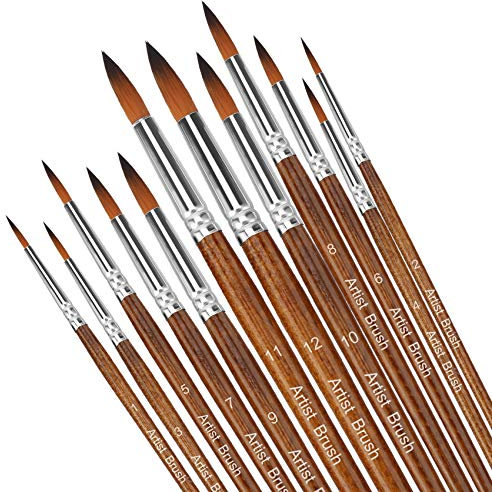 Paint Brushes 12 Pieces Set,Professional Paint Brush Round Pointed Tip Nylon Hair Artist Acrylic Brush for Acrylic Watercolor Oil Painting Body Paint (Brown)