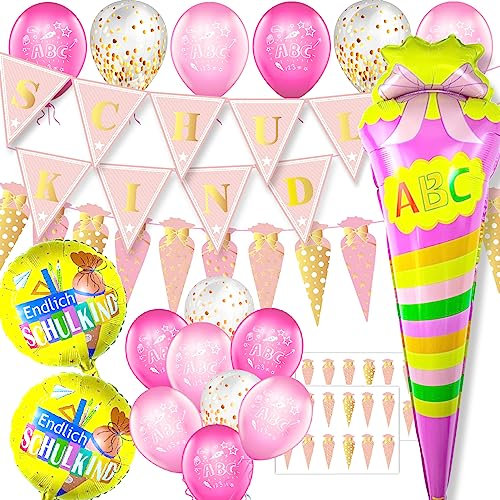 Einschulung Deko Set für Mädchen, Schuleinführung Schulanfang Luftballon Set mit ABC 123 Zuckertüte Motiv, Rosa Golden Schulkind Wimpel Girlande, Zuckertüten Banner, Schultüte Konfetti, 3 Folienballon