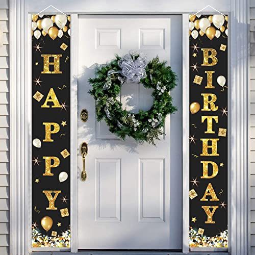 GRESATEK Happy Birthday Banner Decorations, Black Gold Door Banner Pull Flag Porch Backdrop Fabric Sign Party Supplies Indoor and Outdoor Background Decor