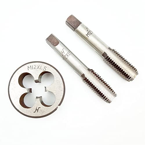 Acdeyaca Metrisches Handgewindebohrer-Set, M12 x 1,5 Gewindebohrer und runde Schneideisen, 2 gerade Gewindebohrer und 1 Schneideisen (M12 x 1,5)