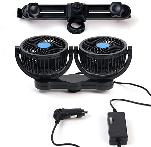 EVERGD 12V Electric Car Fan, Portable Car Auto Cooling Air Seat Fan Headrest 360 Degree Rotating Backseat Adjustable with Stepless Speed Regulation for SUV, RV, Vehicles