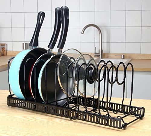 Buckingham 30202 Expandable Lids Organiser Rack, Plates, Chopping Boards Holder, 10 Adjustable Sections use in Pantry Cabinet Cupboard Worktop, Black (Pot & Pan Rack-10 Dividers), Metal, Silver