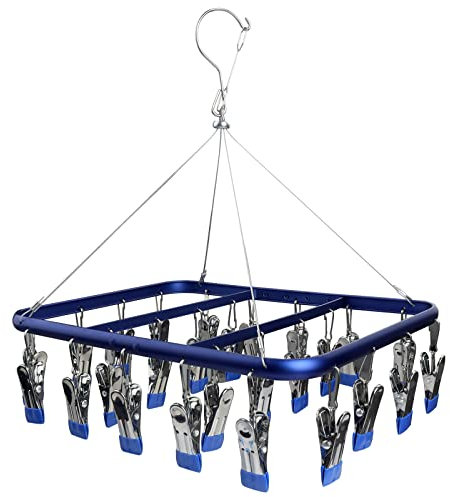 Roellgs Escurridor de calcetines con 26 clavos, ganchos de aluminio para calcetines, ganchos para ropa interior con ganchos resistentes a la intemperie, ropa de bebé, guantes (azul)