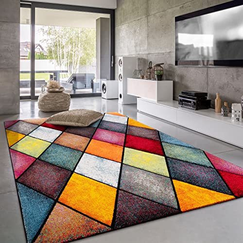 Paco Home Teppich Wohnzimmer Kinderzimmer Kurzflor Moderne 3D Optik Kariert Geometrische Muster, Grösse:80x300 cm, Farbe:Bunt 3