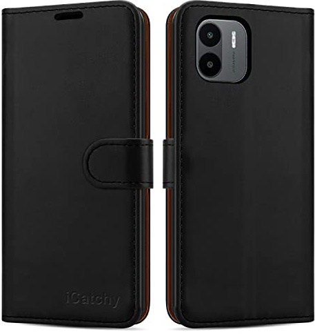 iCatchy for Xiaomi Redmi A1 Case Leather Wallet Book Flip Folio cover with Card Slots and Kickstand View for Xiaomi Redmi A1 Phone (Black)