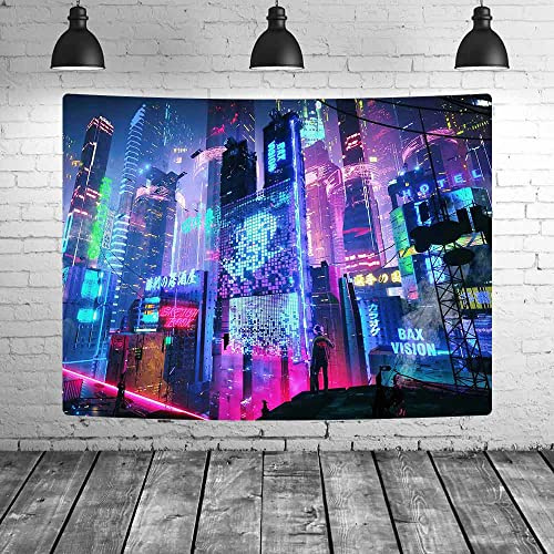 X-SISTER Punk Stadtbild Tapisserie Japan Nachtansicht Stadt Futuristisch Neon Wolkenkratzer Wandbehang Tokyo City Tapisserie 152,4 x 101,6 cm für Schlafzimmer Wohnzimmer Schlafsaal Wohnung Tapisserie