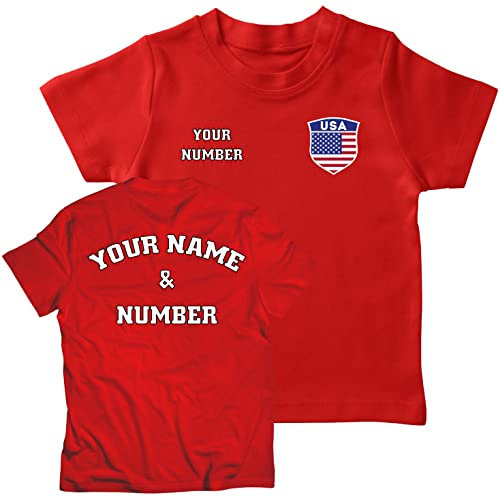 lepni.me Maglia per Bambini Maglietta da Calcio Stati Uniti con Tuo Nome Numero | Distintivo Bandiera Americana Personalizzata | Coppa del Mondo 2022 (1-2 Anni Rosso Multicolore)