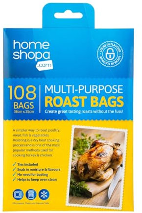 Homeshopa Roasting Cooking Bags with Clips, 108 Piece Turkey Chicken Oven Bag for Meat Poultry Fish Ham Seafood Vegetable Chicken Oven Cooking Bags, Oven & Microwave Safe, Transparent 38 x 25 cm