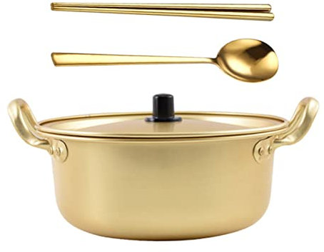 DOITOOL Korean Style Ramen Noodle Pot Non-Stick Coating, Deep Instant Noodle and Seafood Cooking Pot Double Handles, Gold Chopsticks and Spoon Set, Suitable for Home and Asian Cuisine