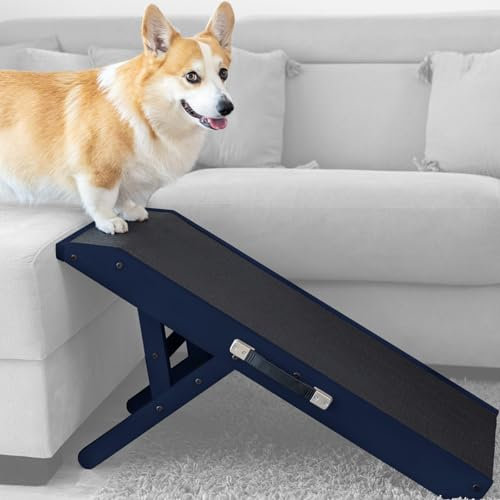 Hunderampe - Hundetreppe für kleine Hunde und große Hunde - Einstellbar 18-53 cm - Für Bett, Sofa - Birkenholz - Landeplattform schließt nahtlos an - Rampe Hund Klappbar - Anti-rutsch Einsatz Blau