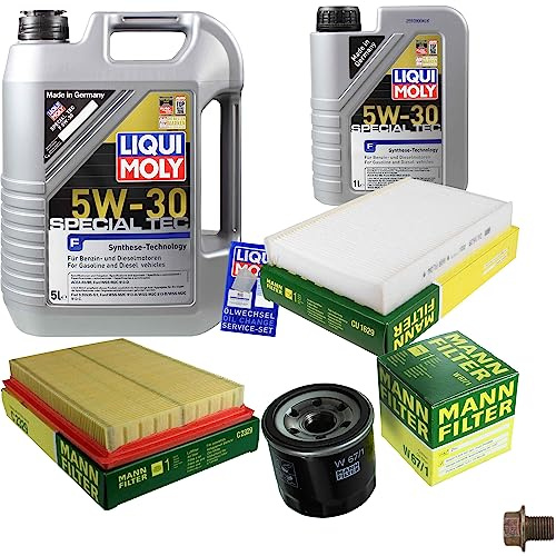 Inspektionspaket 6L LIQUI MOLY 5W-30 für Juke Pulsar Schrägheck 1.6 | Motoröl LIQUI MOLY Special Tec F 5W-30 Ölfilter Luftfilter Innenraumfilter Ablassschraube