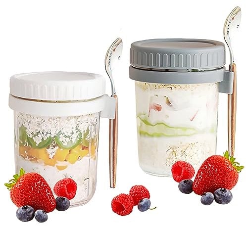 Iceten 2-Pack Overnight Oats Jar, 10 oz Mason Jars with Lids and Spoon, Portable Reakfast Jars, Glass Airtight Jars with Measurement Marks for Milk, Cereal, Fruit(White,grey)
