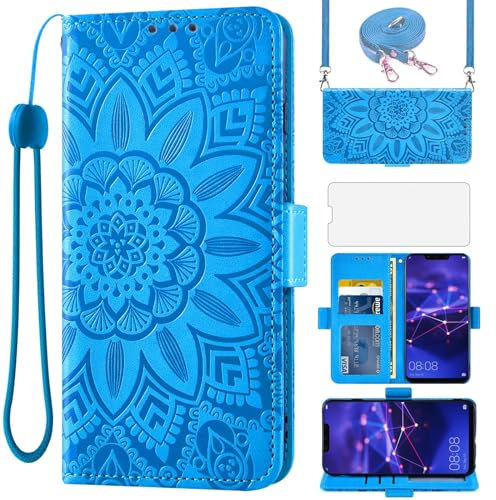 Asuwish Funda para Huawei Mate 20 Lite con Cuerda y Cristal Templado Protector de Pantalla Soporte Tarjetero Cuero Libro Cartera Carcasa Hawaii Mate20 20Lite SNE-LX1 Wallet Phone Cover Case Azul