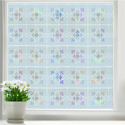 DARUITE Vinilos para Cristales, Las Flores de Luz y Sombra patrón y Efecto Arcoíris Vinilo Adhesivo Cristal Electrostaticos Anti UV Decorativos Vinilo Ventana para Oficinas y Dormitorios(44.3 x 200CM)
