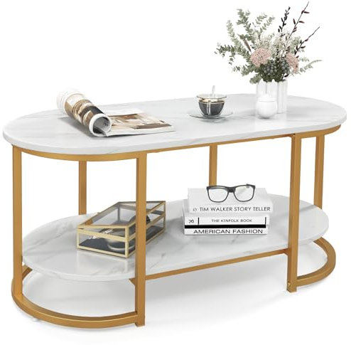 CASART Faux Marble Coffee Table, 2-Tier Center Table with Wide Tabletop & Open Shelf, Gold Frame Accent Coffee Tables for Living Room Bedroom Office