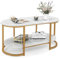CASART Faux Marble Coffee Table, 2-Tier Center Table with Wide Tabletop & Open Shelf, Gold Frame Accent Coffee Tables for Living Room Bedroom Office