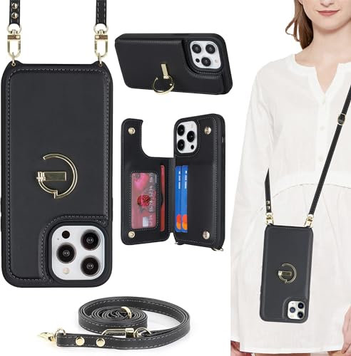ELTEKER for iPhone 13 Pro Max Phone Case with Card Holder and Strap,PU Leather Wallet Case Flip Cover with Crossbody Lanyard Strap for iPhone 13 Pro Max (6.7 Inch) - Black