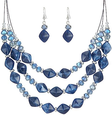 FULU AUTUMN Chunky Statement Perlen Kette und Ohrringe Set Schmuck Set für Damen Valentinstag Geburtstags Geschenk für Frauen(42-Blue)