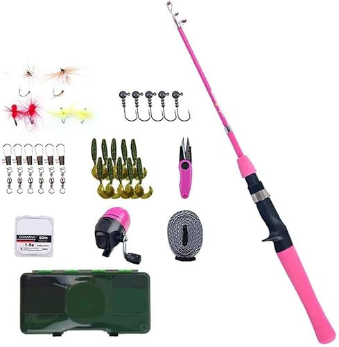 Set di canna da pesca con mulinello, canna da pesca telescopica portatile per bambini, con custodia da viaggio, regalo per principianti e pescatori (rosa)
