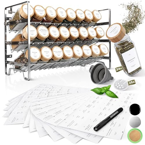 Havenhaus Gewürz regal Set Edelstahl | Gewürzregal stehend inkl. 24 Gewürzgläser+336 Gewürzetiketten deutsch & Accessoires | Wand oder stehend | Gewürz Organizer | Gewürzregal mit Gläsern