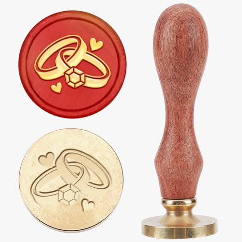 MAYJOYDIY Hochzeitsringe Wachssiegelstempel 25mm Herz Ringe Abdichtung Siegelstempel Vintage Abnehmbarer Messingstempelkopf Mit Holzgriff Für Hochzeitseinladung Umschlag Geburtstag Geschenk Dekoration