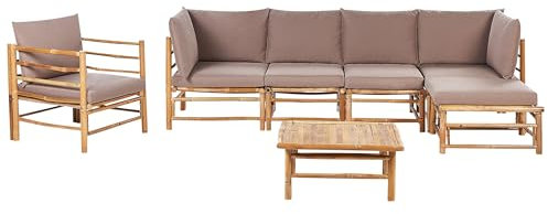 Ensemble de Jardin Boho 6 Places avec Fauteuil Modulable avec Table Basse en Bambou et Coussins Taupe Cerreto