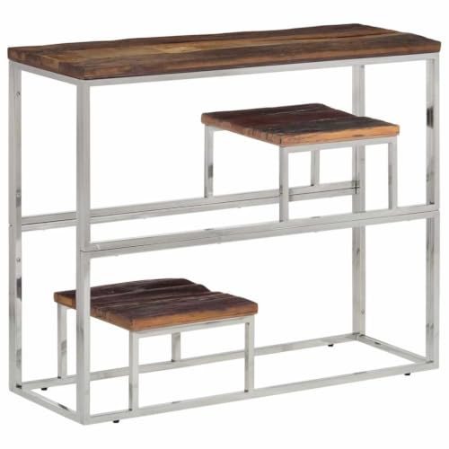 vidaXL Konsolentisch, Konsole Beistelltisch mit Ablagen, Wandtisch für Wohnzimmer Flur, Flurtisch Tisch, Modern, Silbern Edelstahl Massive Holzschwellen