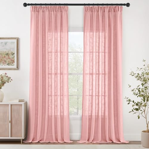 MIULEE Gardinen Vorhänge mit Kräuselband Schlaufenschal Voile Vorhang Modern Leinenoptik Halbtransparent für Wohnzimmer Schlafzimmer Schiebevorhang 2er Set Stores Rosa 225x140 cm