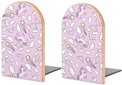 Serre-Livres Arc-en-Ciel en Forme de Beignet de Licornes Roses, imprimé décoratif, Serre-Livres en Bois pour étagère, Paquet de 1 Paire