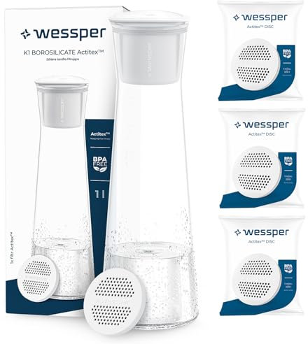Wessper Carafe filtrante en verre borosilicaté 1L Blanc, Transparent, réduit le chlore et autres impuretés organiques pour une eau du robinet plus pure, avec 4 Filtre à Eau Actitex inclus