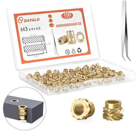 Dayalo Lot de 100 inserts filetés M3 x 4 x 4,6 pour accessoires d'impression 3D, douilles filetées en laiton, utilisables par la chaleur dans les pièces d'impression 3D en plastique