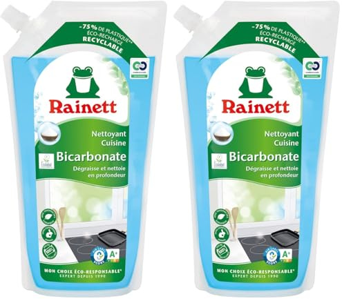 RAINETT - Nettoyant & Dégraissant Cuisine au Bicarbonate - Haute Efficacité Dégraissante & Désincrustante - Poche 100% Recyclable - Ecolabel - Eco-Recharge 1 L (Lot de 2)