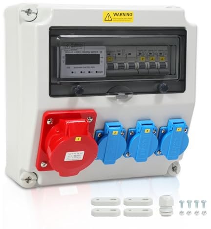 Randaco Wandverteiler mit Stromzähler 3-Phasen und MCB,5 Polig Baustromverteiler mit 3xSchuko-Steckdose und CEE-Steckdose 32A Stromverteiler für Innen und Außen