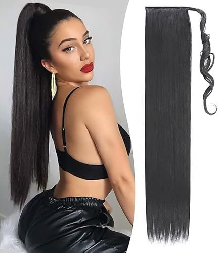 Benehair Lang Glattes Pferdeschwanz Haarteil Synthetik Haarverlängerung Zopf Ponytail Extension Haarteil Zopf Schwarz Haar Extension für Damen Mädchen Schwarz 81cm