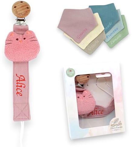 Filo e Poesia Schnullerkette mit Namen, personalisiert mit Namen bestickt, viele Modelle und Farben, Schnullerband zur Auswahl, tolle Geschenkidee für Babypartys (blau-gelb + Lätzchen)