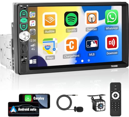 Single Din Car Radio with Apple Carplay Android Auto 1 Din Bluetooth Car Stereo 7 Inch Touch Screen FM Radio TF/USB/AUX Input EQ SWC Mirror Link with Reverse Camera, Mic