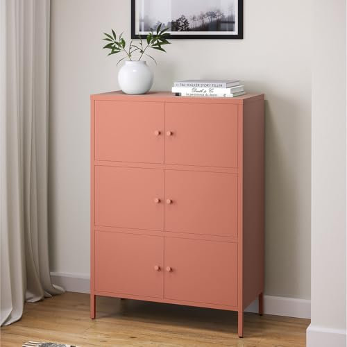 skølm Metallkommode Atriona, Wohnzimmerschrank mit 3 Fächern terrakotta, Sideboard, Mehrzweckschrank Stahl 3x2, 113x80x38 cm