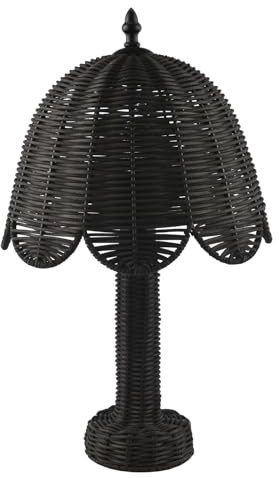 Happy Homewares Traditional Vintage Washed Black Woven Rattan Table Lamp with Scallop Shade and Inline Switch | 43cm x 25cm
