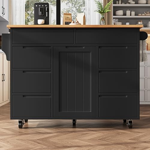 Wiuzo Moderne Kücheninsel, Küchenschrank, Ausziehbarer Küchenwagen mit Rollen und Arbeitsplatte, Servierwagen mit Gewürzregal und 8 Schubladen 122x46-74.5x91.5 cm (Schwarz)
