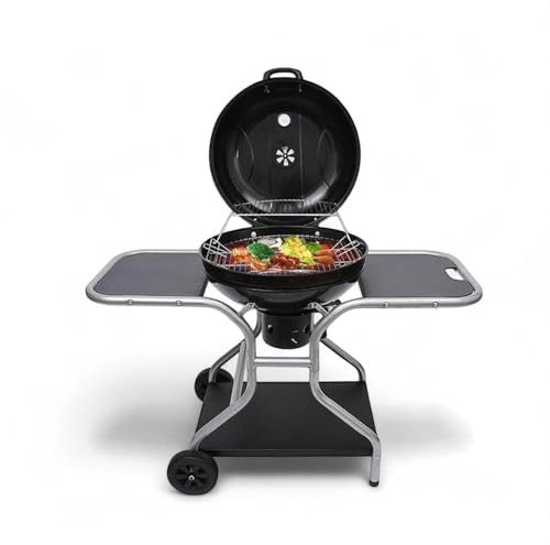 HOME BLEND® Portable Charcoal BBQ Grill with Wheels – Outdoor Kettle Trolley Barbecue Smoker Cooker – Large Grill with Side Shelves for Camping, Backyard, Garden, Patio – 126x62x90cm