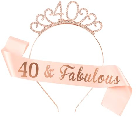 40th Birthday Sash and Tiara Crown, 40th Birthday Decorations for Women, Rose Gold Tiara Crown Sash Gift for Women