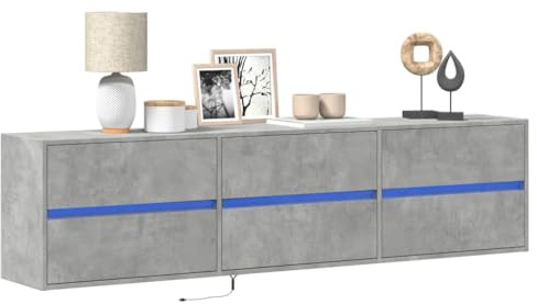 KTHLBRH TV-Wandschrank mit LED Betongrau tv Regal Konsolentisch mit Schubladen Sideboard hängend tv Board 180x31x45 cm