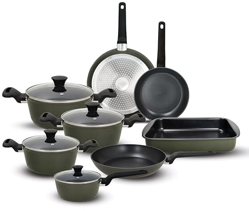 Tognana Military Green, Batteria di pentole e padelle 12 pezzi, alluminio forgiato, verde militare