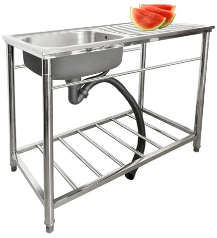 Évier utilitaire en acier inoxydable, monobloc, sur pied, avec plan de travail et étagère de rangement, robinetterie, idéal pour cuisines de restaurant, buanderies, salles de bains et maisons de camp