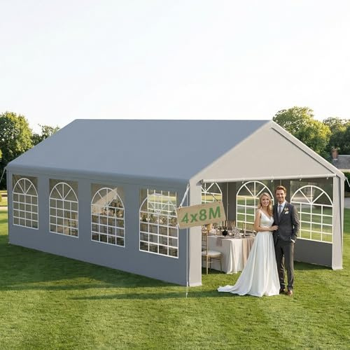 YRHome Premium 4x8M Partyzelt Pavillon,Wasserdicht & Winterfest,Einfach Aufzubauen,Stabil mit Seitenteilen & Fenstern,PE-Dach Garten Hochzeit Grau
