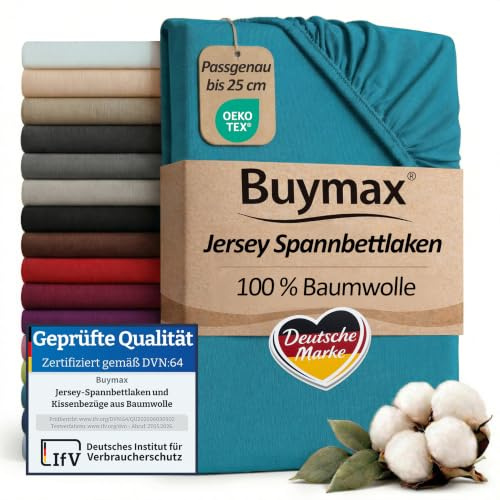 Buymax Spannbettlaken 200x200cm Baumwolle 100% Spannbetttuch Bettlaken Jersey, Matratzenhöhe bis 25 cm, Farbe Petrol